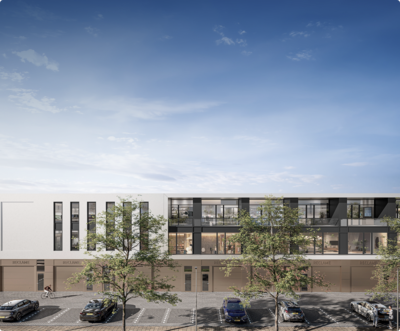 Moderne kantoorgebouw met grote ramen en een strak ontwerp, omringd door bomen onder een blauwe lucht.